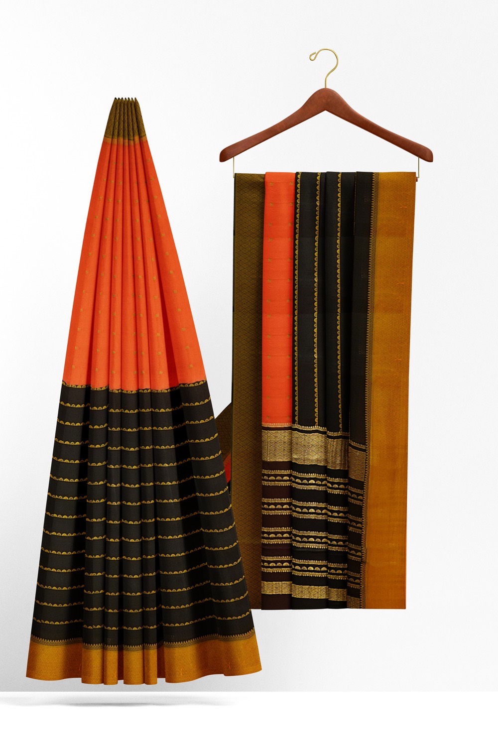 sri kumaran stores mysuru silk saree orange with black combined saree with golden zari 2