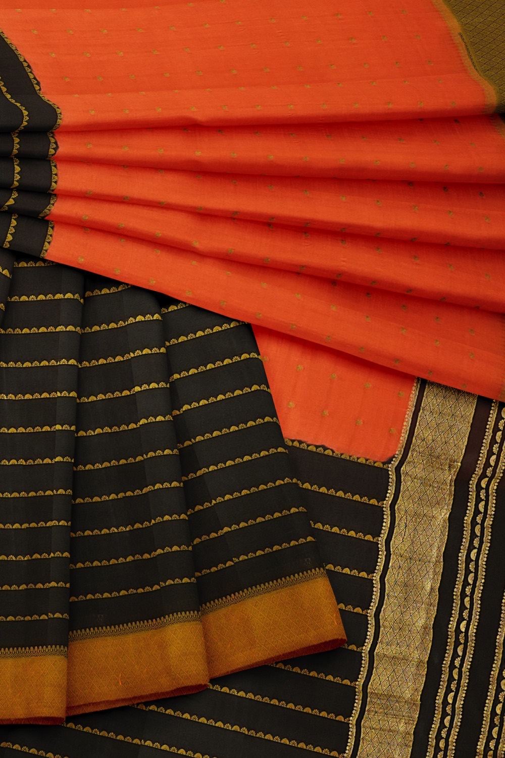 sri kumaran stores mysuru silk saree orange with black combined saree with golden zari 4