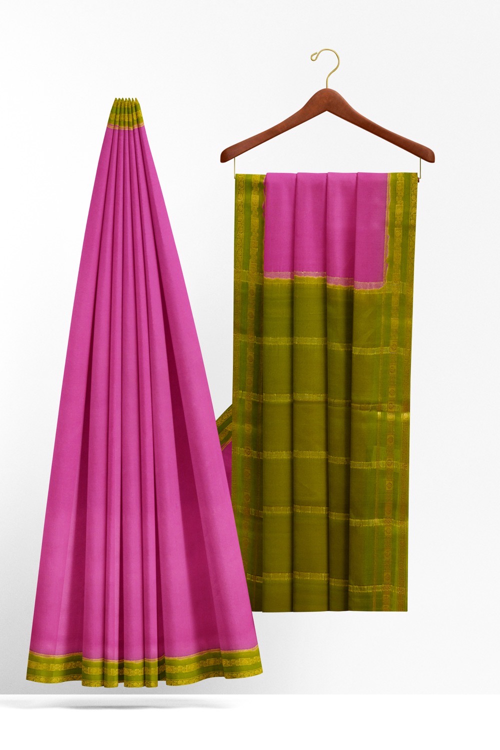 sri kumaran stores mysuru silk saree pink saree with fern green pallu and border 2