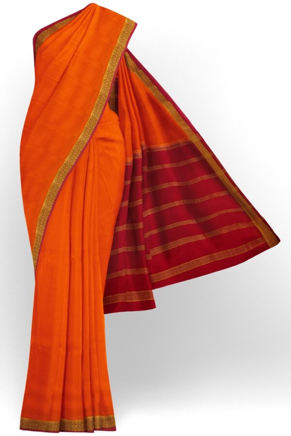 sri kumaran stores mysuru silk saree pumpkin orange plain saree with crimson red border 1