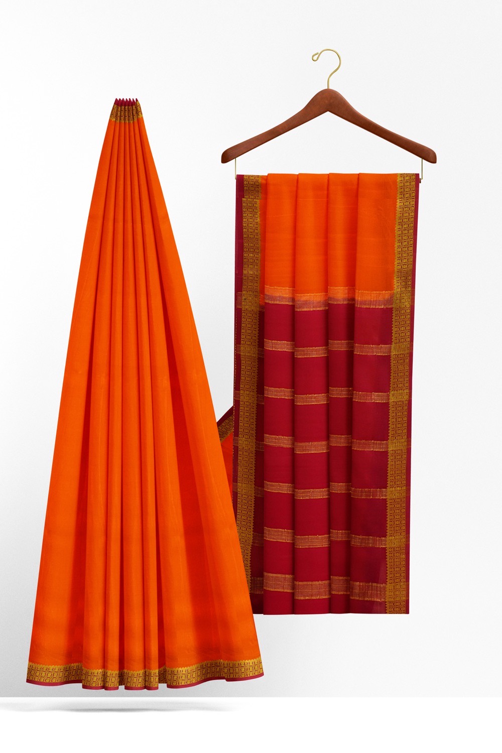 sri kumaran stores mysuru silk saree pumpkin orange plain saree with crimson red border 2
