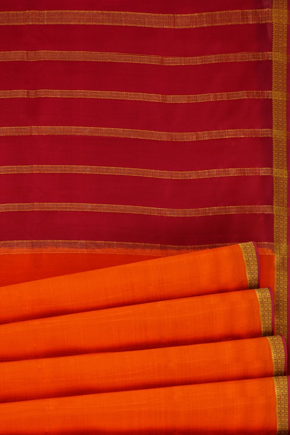 sri kumaran stores mysuru silk saree pumpkin orange plain saree with crimson red border 5