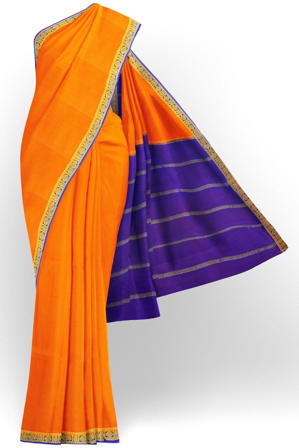 sri kumaran stores mysuru silk saree pumpkin orange saree with ultramarine border and pallu 1