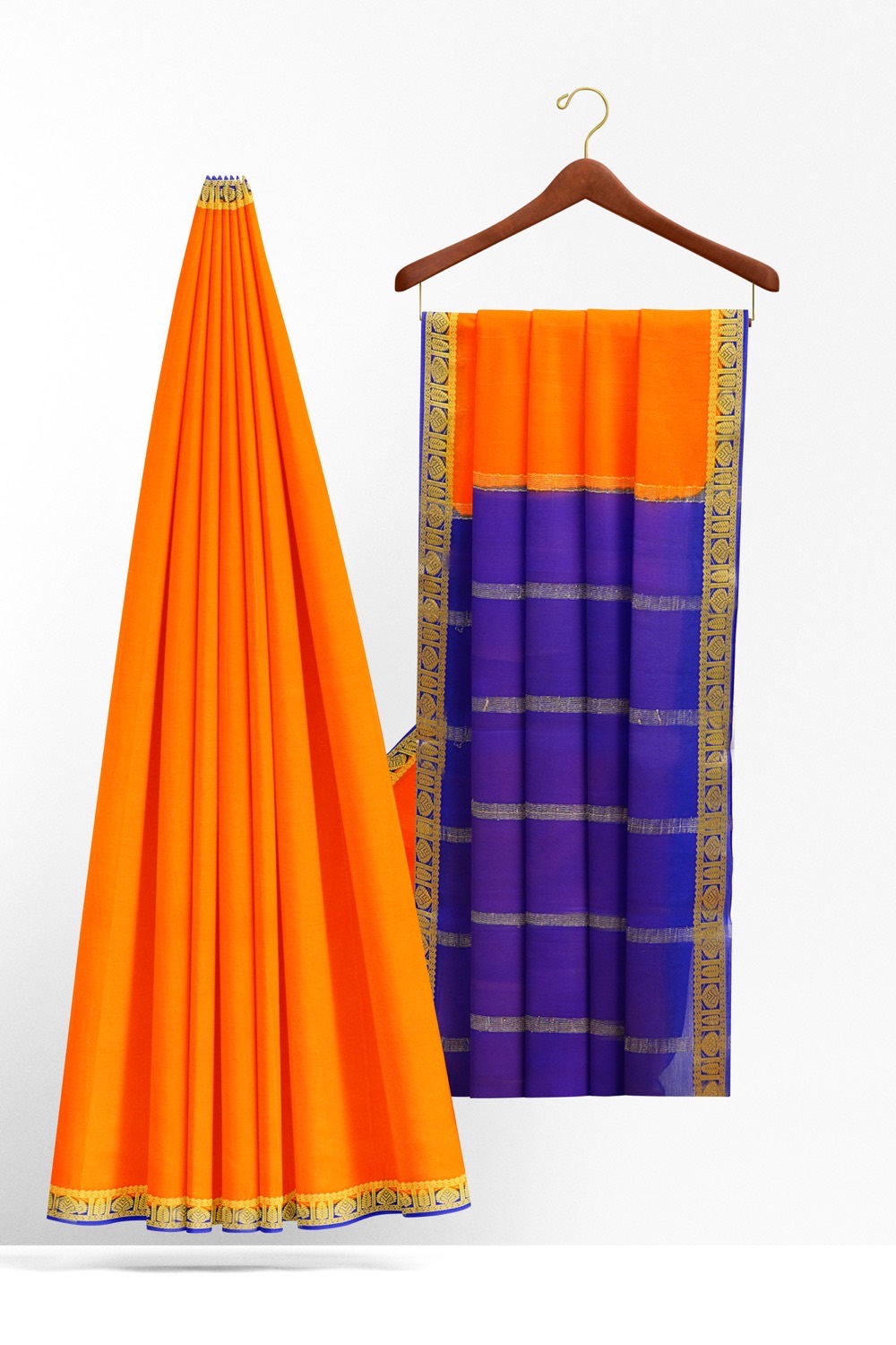 sri kumaran stores mysuru silk saree pumpkin orange saree with ultramarine border and pallu 2