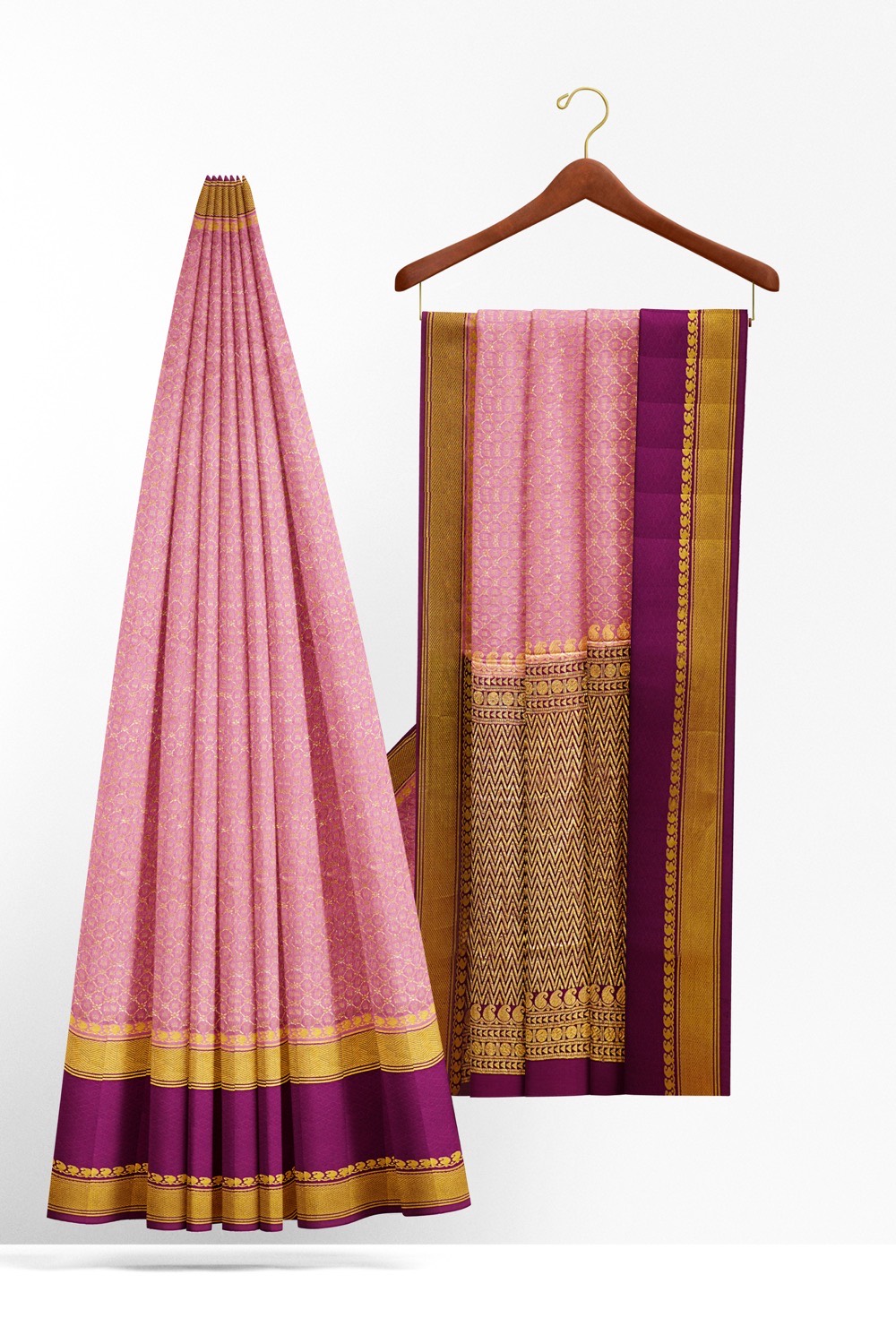 sri kumaran stores mysuru silk saree rose pink saree with purple border 2