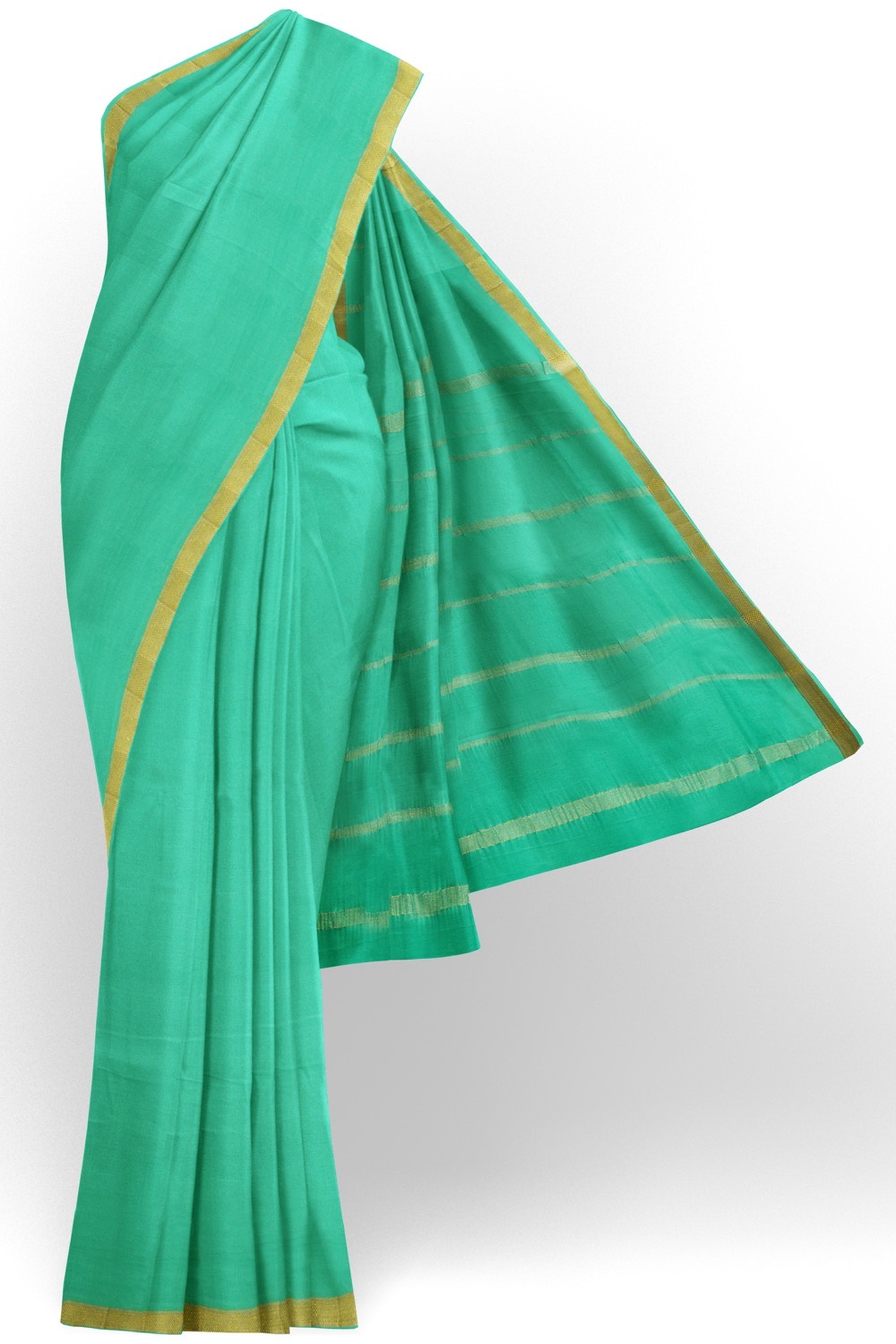sri kumaran stores mysuru silk saree tarquoise blue plain saree with thin golden zari border 1