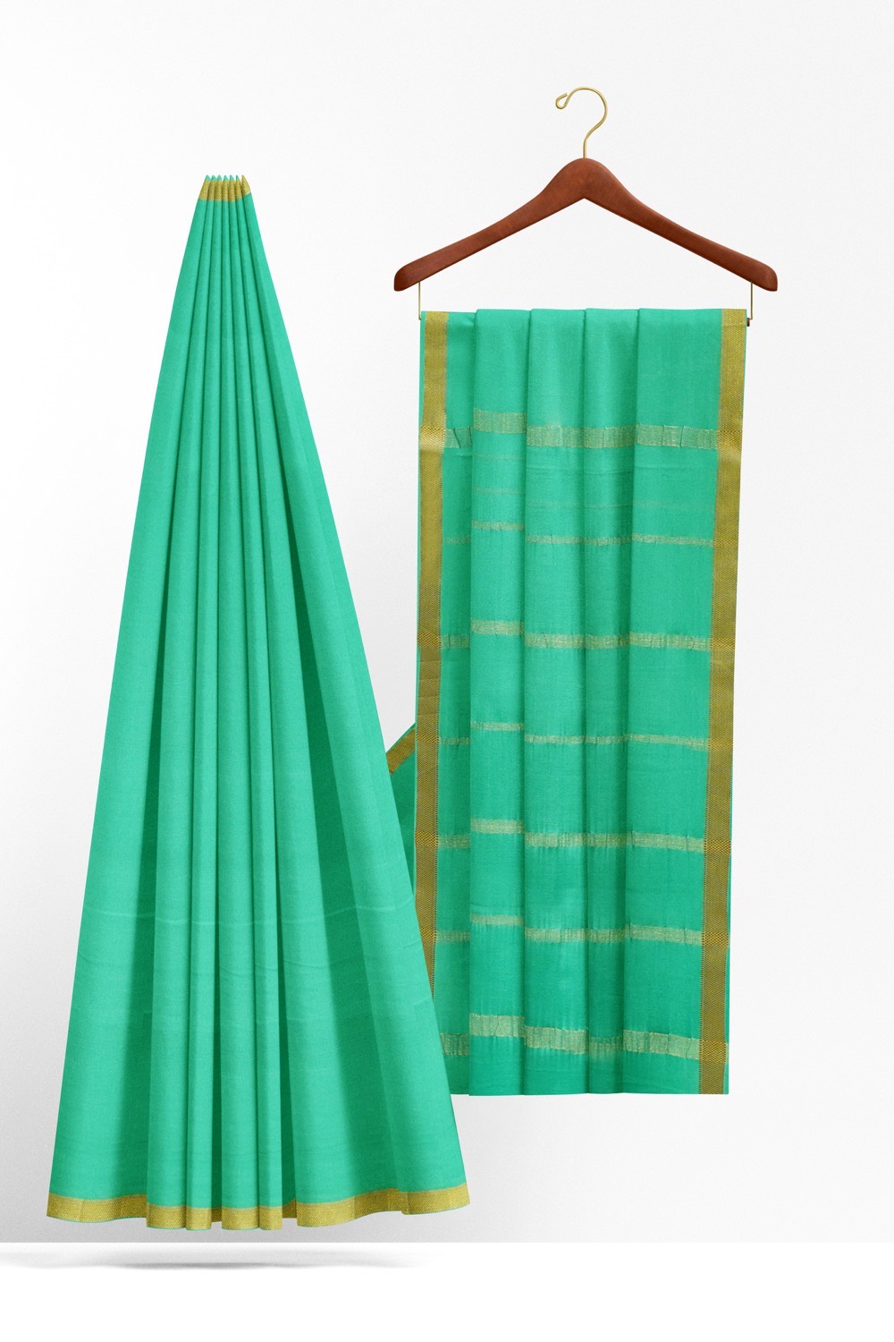 sri kumaran stores mysuru silk saree tarquoise blue plain saree with thin golden zari border 2