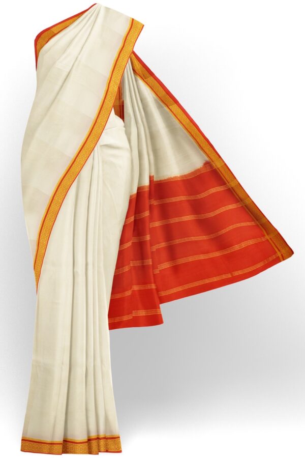 sri kumaran stores mysuru silk saree white saree with chilli red pallu and border 1