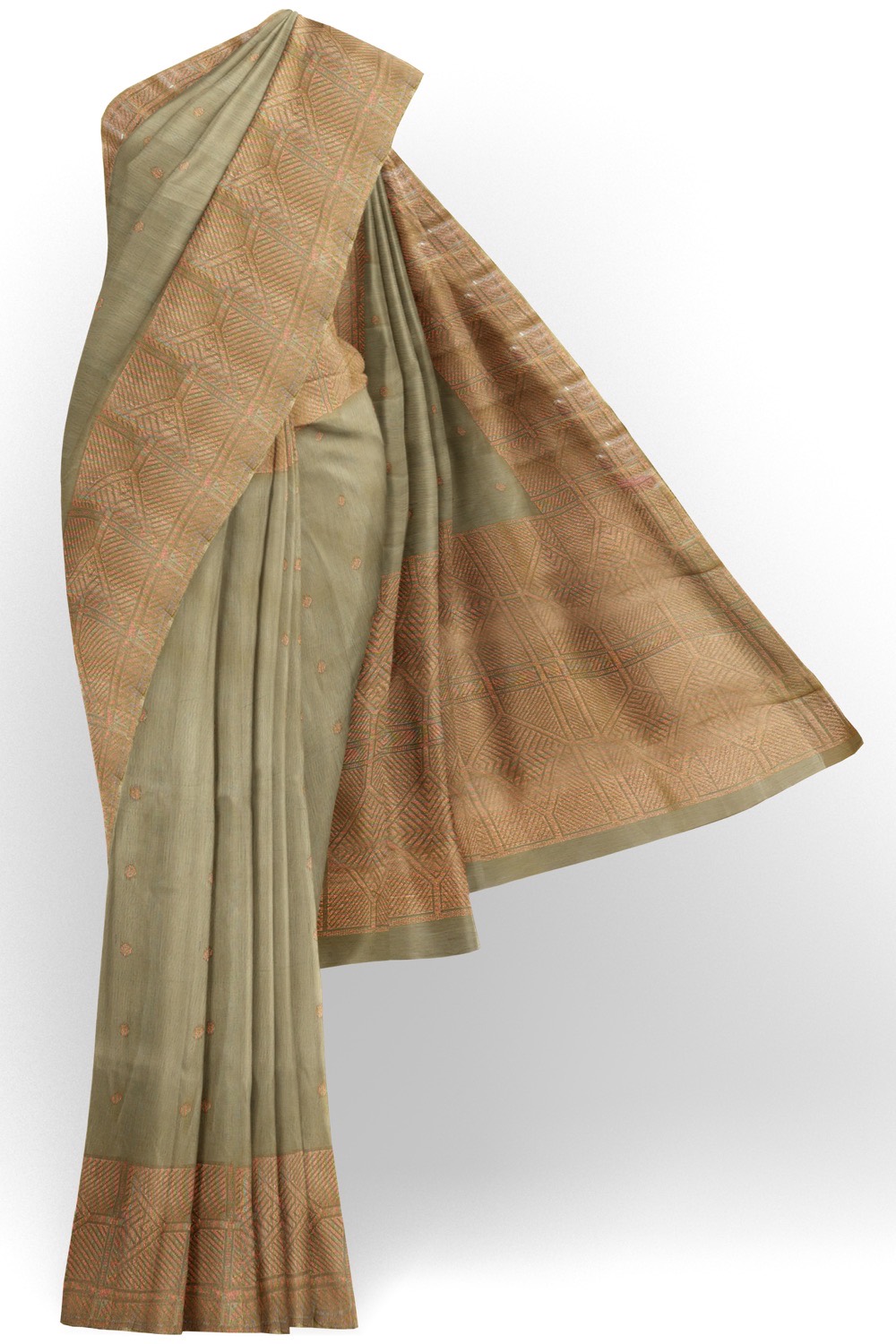sri kumaran stores pure cotton saree ash color saree with copper zari border and pallu 1
