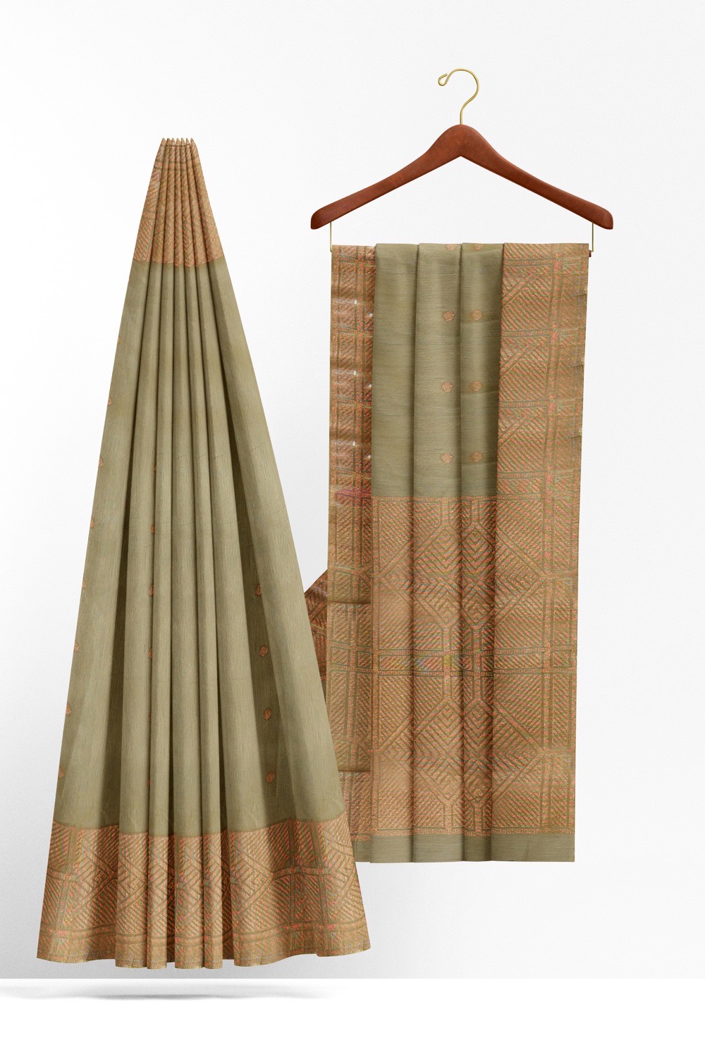 sri kumaran stores pure cotton saree ash color saree with copper zari border and pallu 2