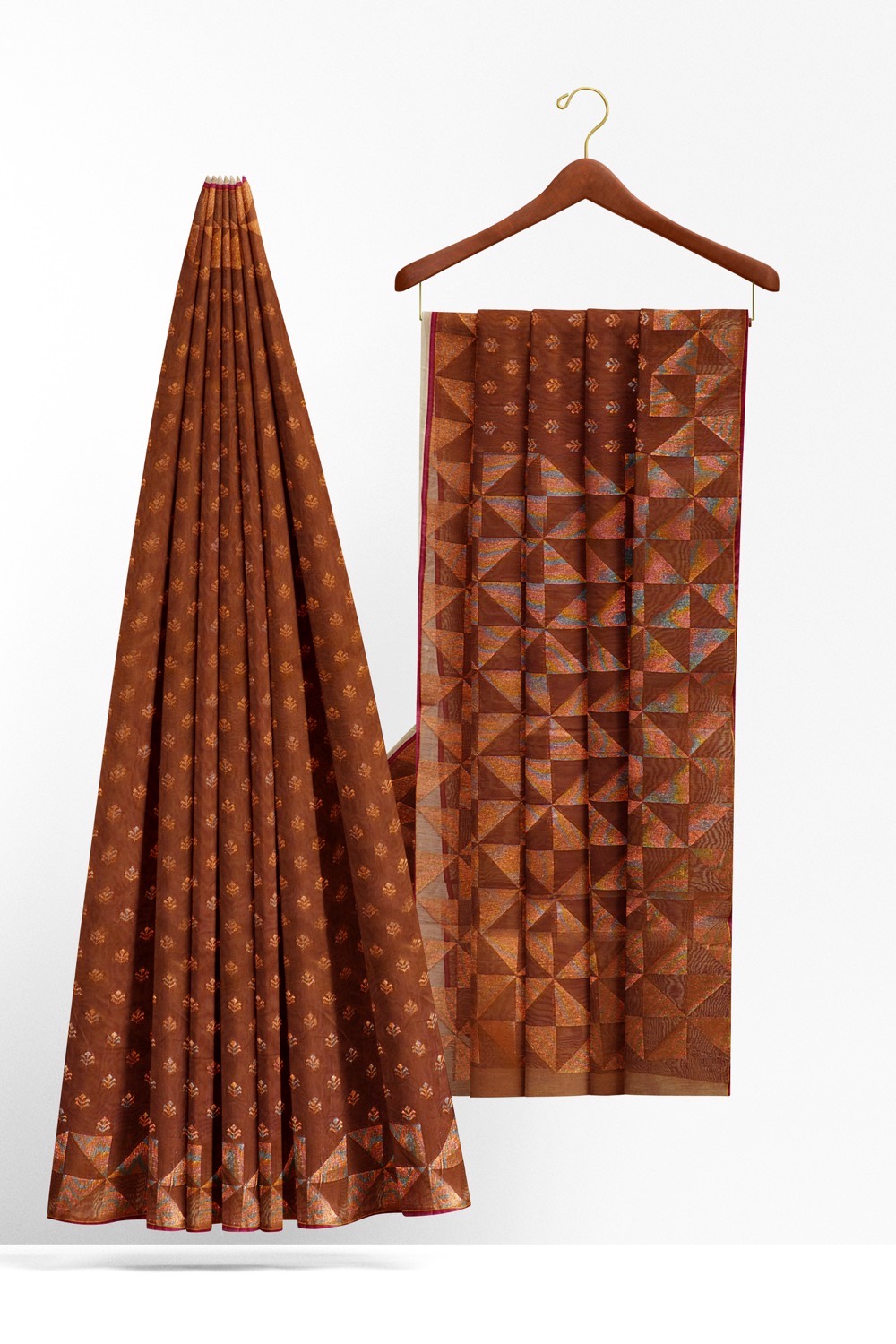 sri kumaran stores pure cotton saree brown saree with copper zari border and pallu 2