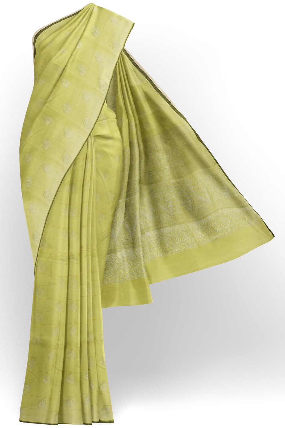 sri kumaran stores pure cotton saree light green saree with silver zari butta and pallu 1