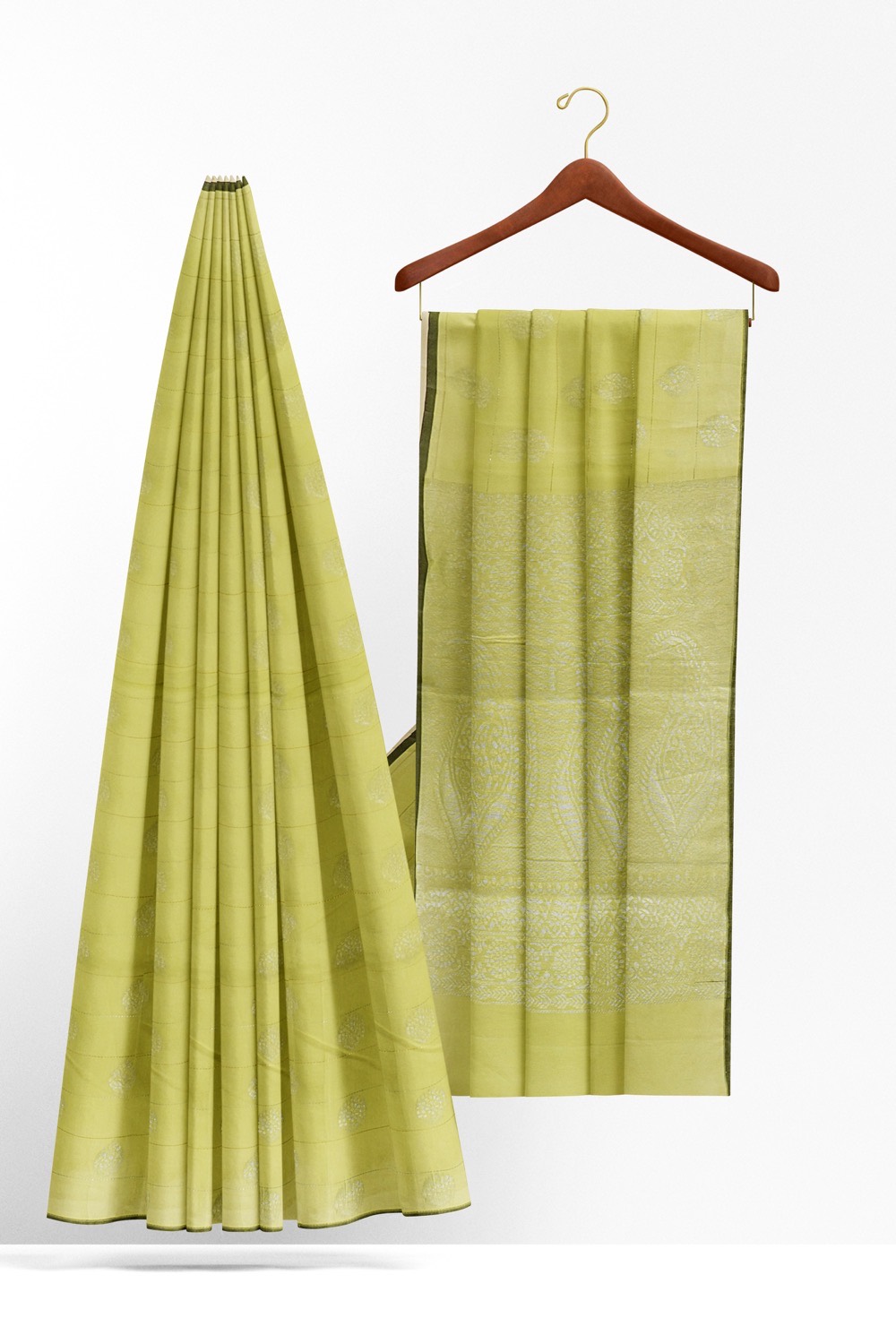 sri kumaran stores pure cotton saree light green saree with silver zari butta and pallu 2