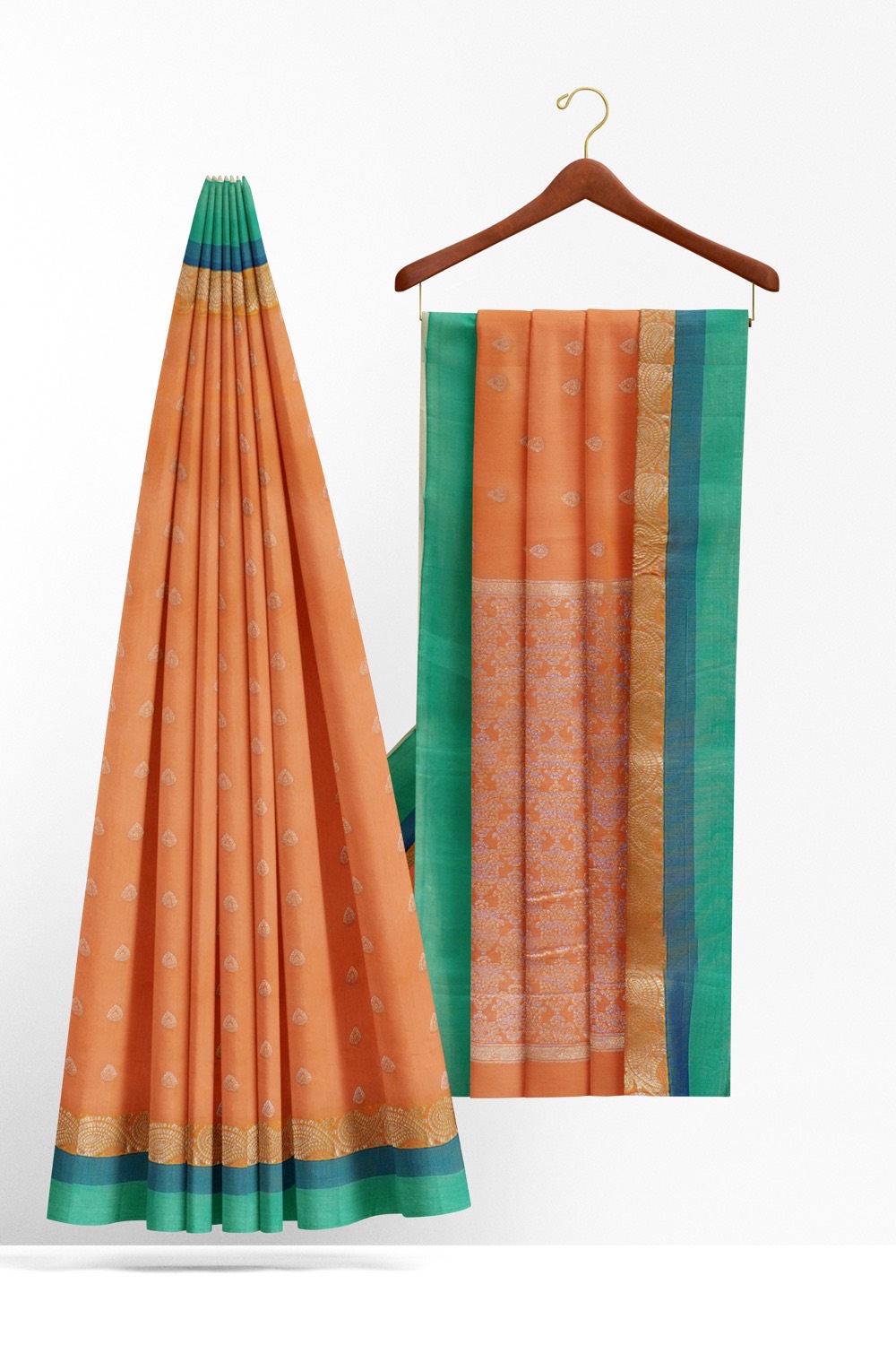 sri kumaran stores pure cotton saree light salmon saree with light and dark blue border 2