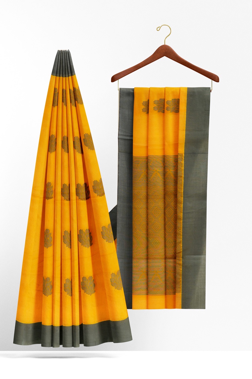 sri kumaran stores pure cotton saree mango yellow saree with grey border 2