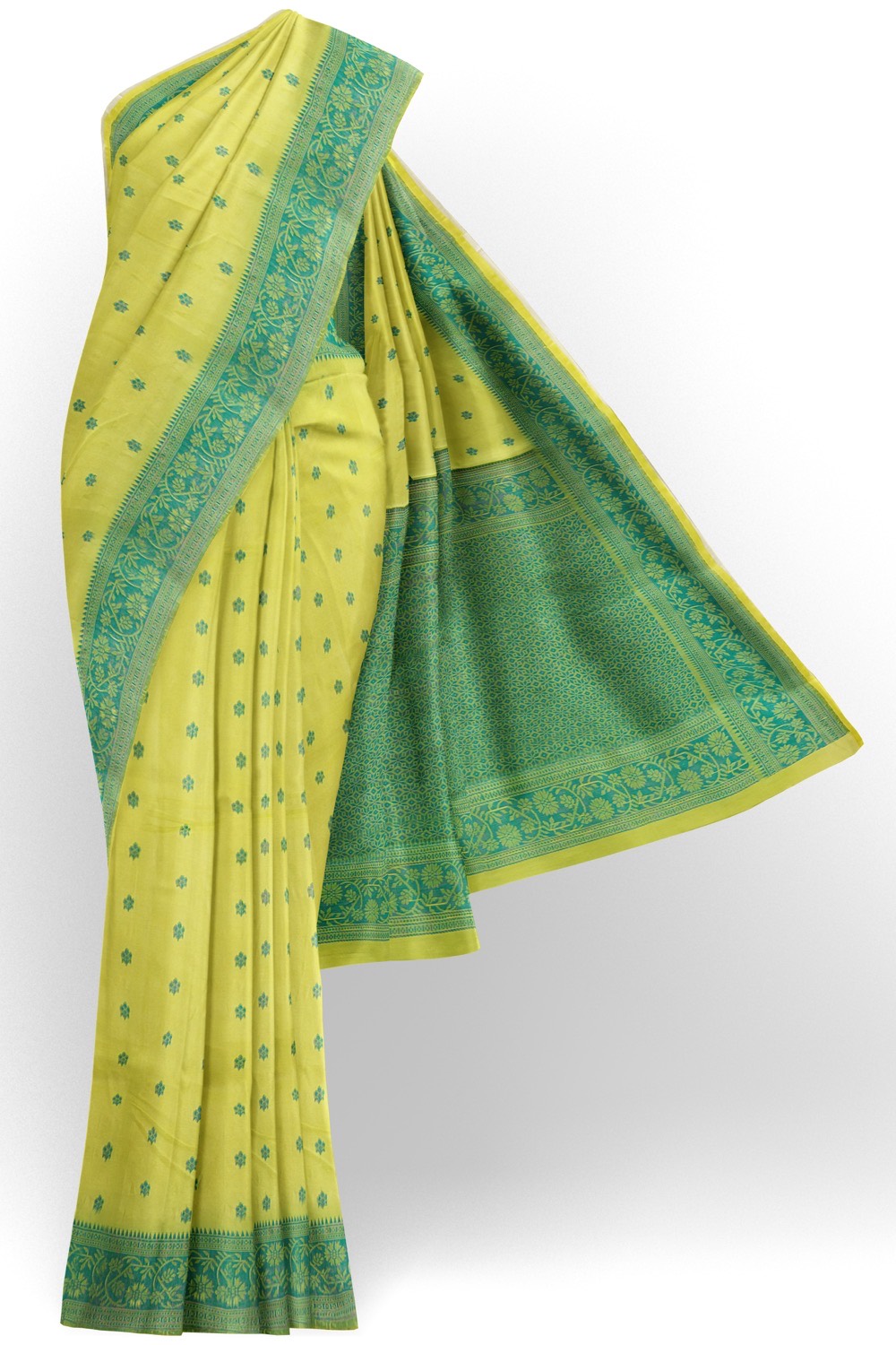 sri kumaran stores pure cotton saree pear green saree with teal blue border 1