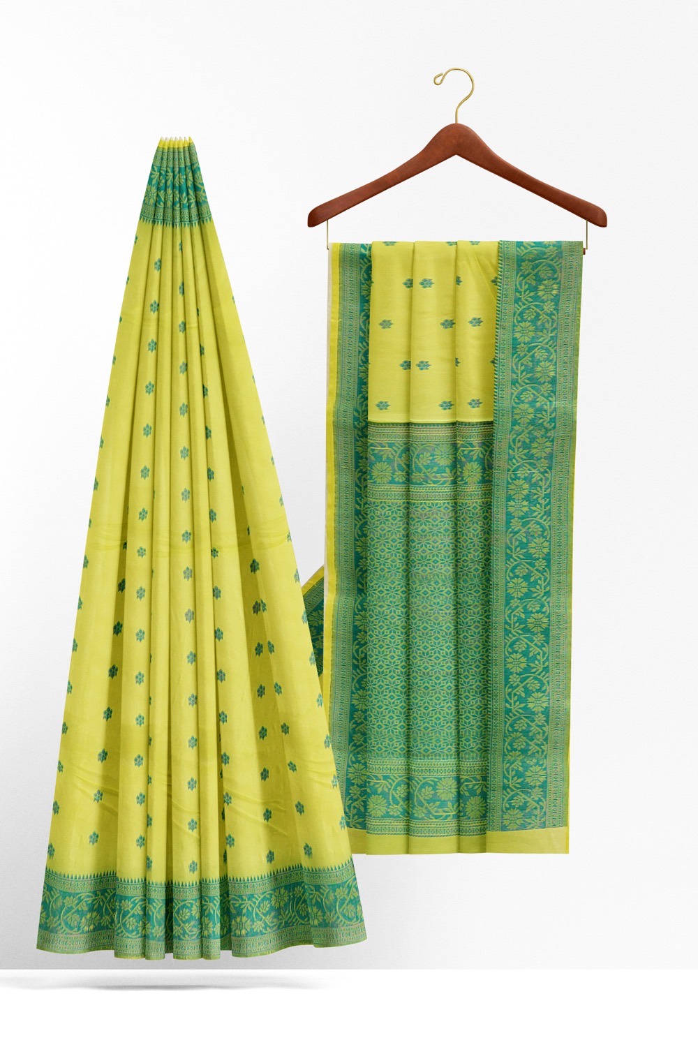 sri kumaran stores pure cotton saree pear green saree with teal blue border 2
