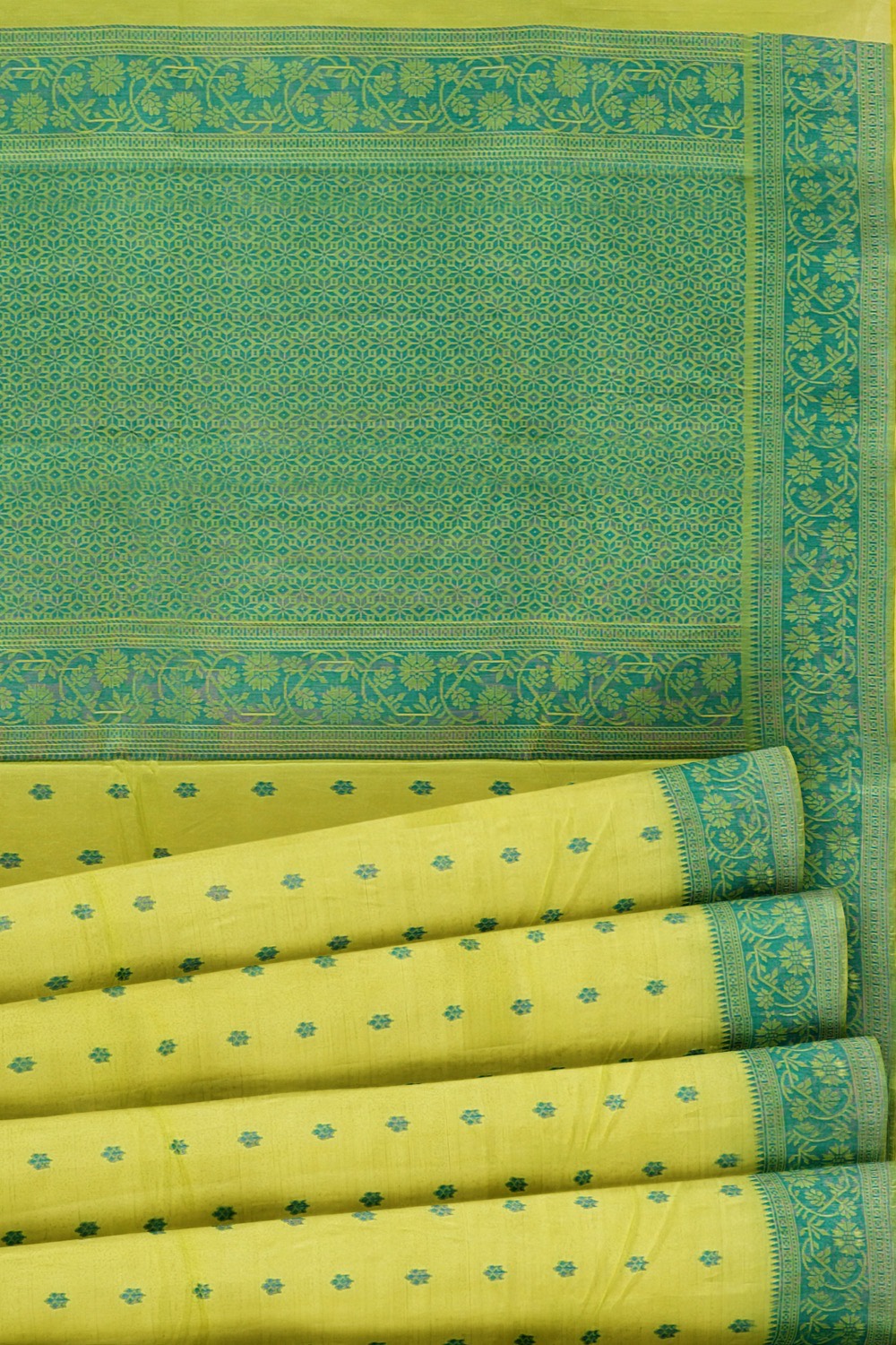 sri kumaran stores pure cotton saree pear green saree with teal blue border 5