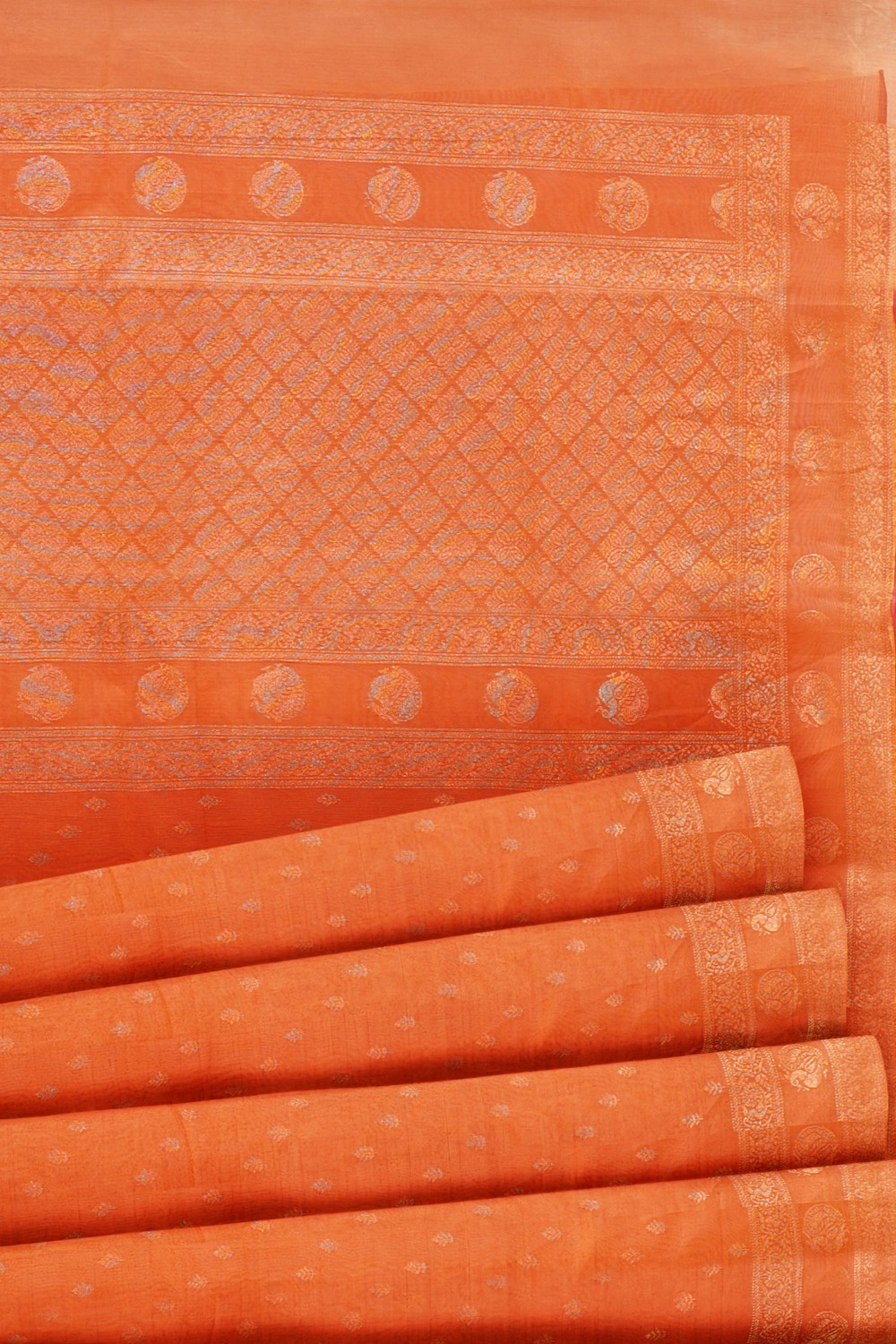 sri kumaran stores pure cotton saree pumpkin orange saree with thin pink border 5
