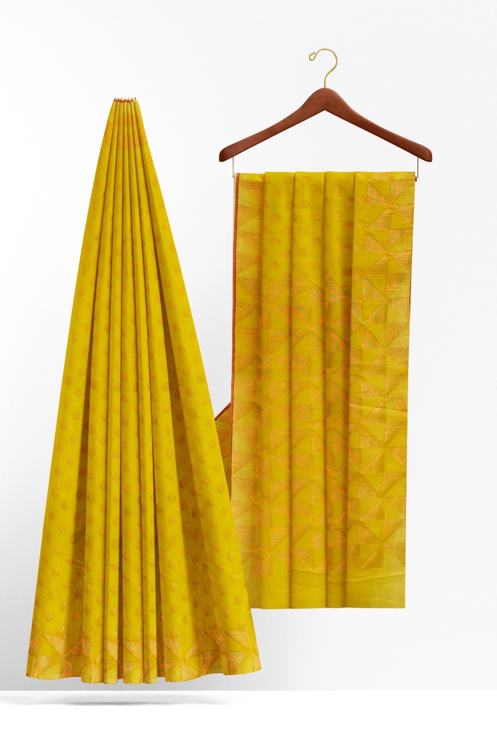 sri kumaran stores pure cotton saree yellowish green saree with golden zari border and pallu 2