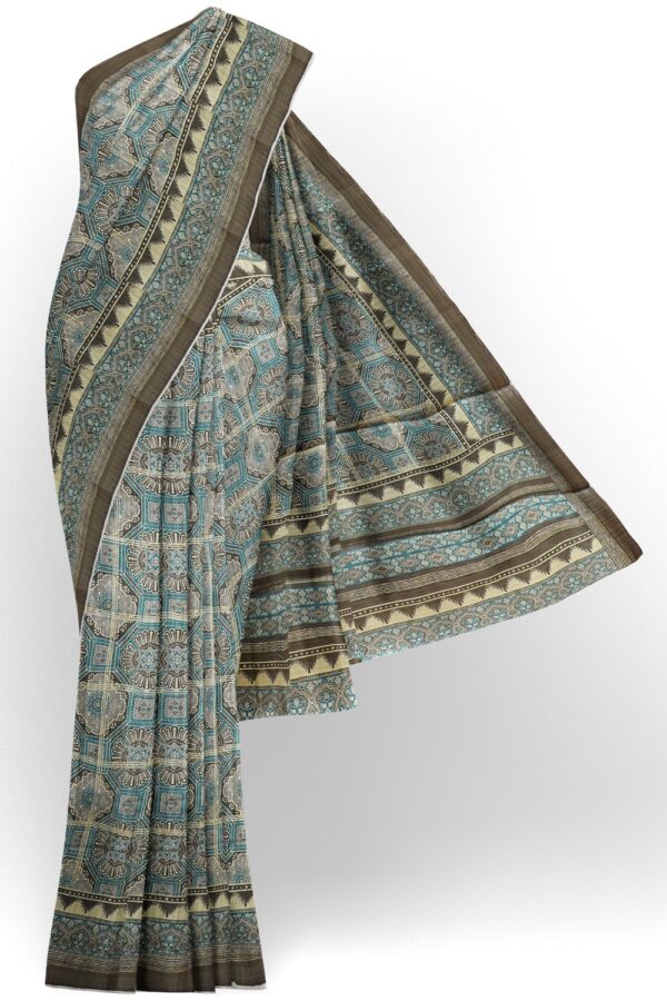 sri kumaran stores chentheri printed saree ash and cerulean blue color intricate design saree 1