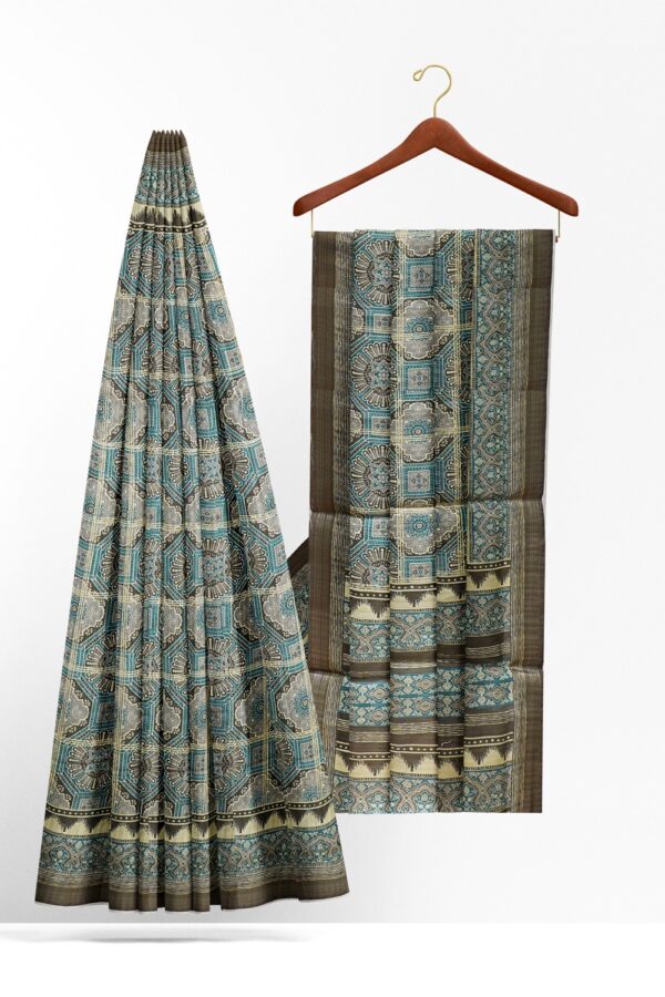 sri kumaran stores chentheri printed saree ash and cerulean blue color intricate design saree 2