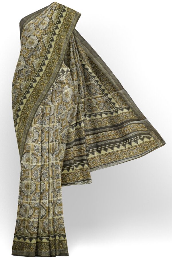 sri kumaran stores chentheri printed saree ash and pickle green intricate design saree 1