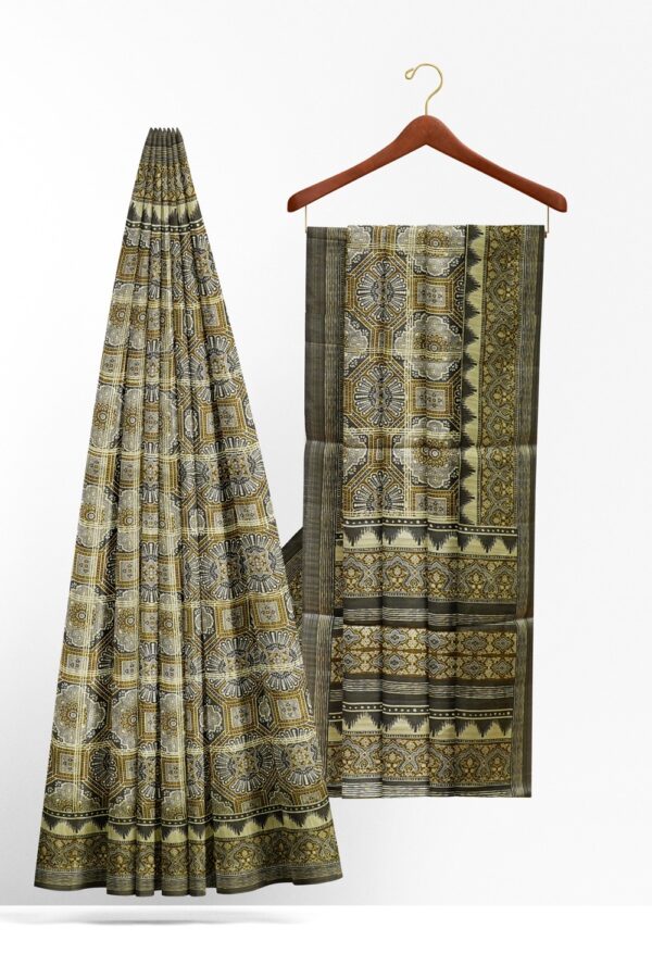 sri kumaran stores chentheri printed saree ash and pickle green intricate design saree 2