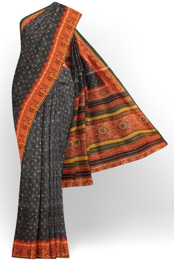 sri kumaran stores chentheri printed saree bandhini design charcoal color saree with orange border 1