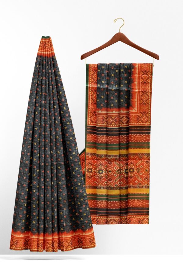 sri kumaran stores chentheri printed saree bandhini design charcoal color saree with orange border 2