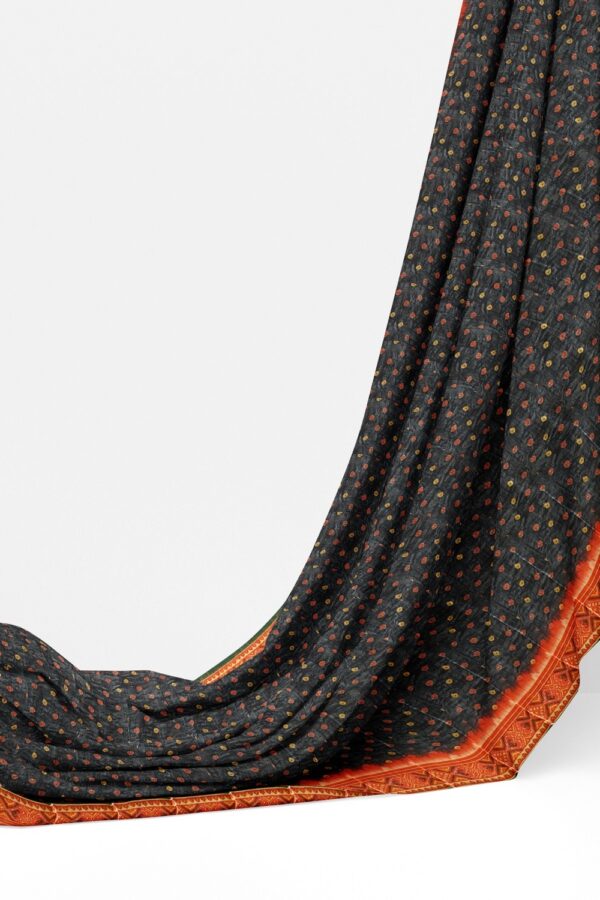 sri kumaran stores chentheri printed saree bandhini design charcoal color saree with orange border 3