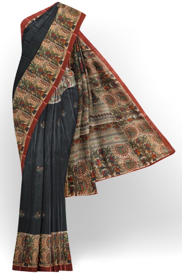 sri kumaran stores chentheri printed saree black color saree with kalamkari design border 1