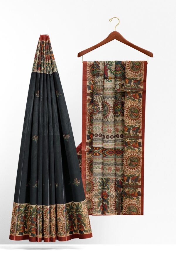 sri kumaran stores chentheri printed saree black color saree with kalamkari design border 2