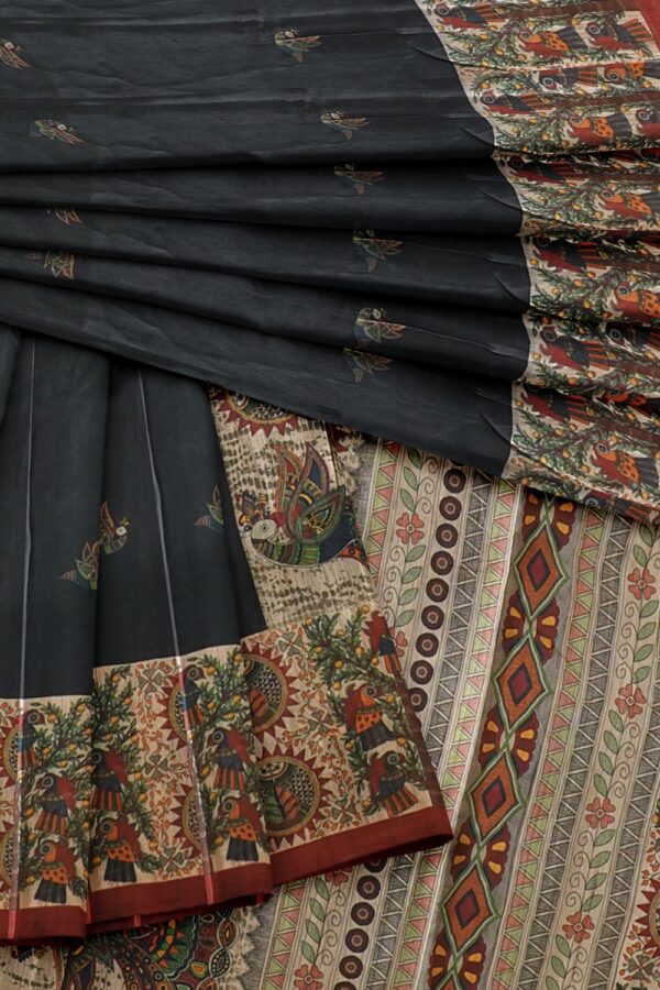 sri kumaran stores chentheri printed saree black color saree with kalamkari design border 4