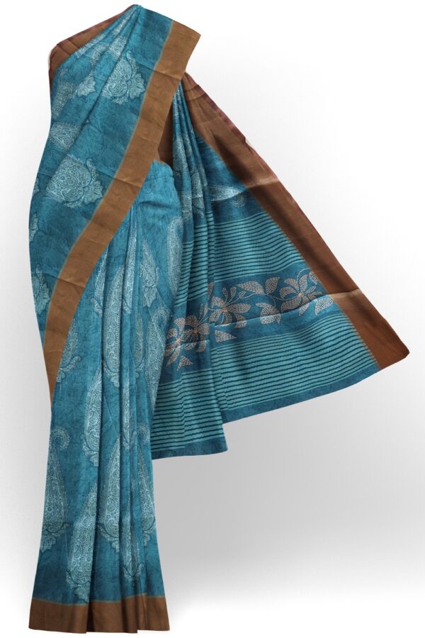 sri kumaran stores chentheri printed saree dodger blue saree with light cedar brown border 1
