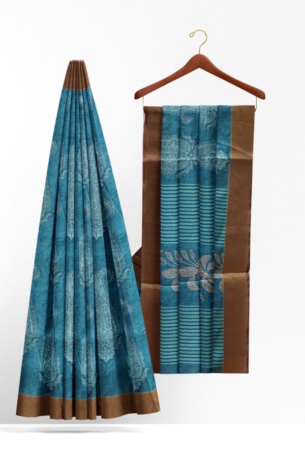 sri kumaran stores chentheri printed saree dodger blue saree with light cedar brown border 2