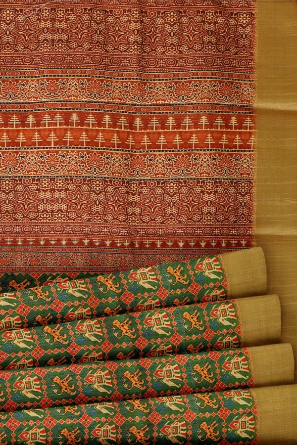 sri kumaran stores chentheri printed saree elephant and tiger printed green and red color saree 5