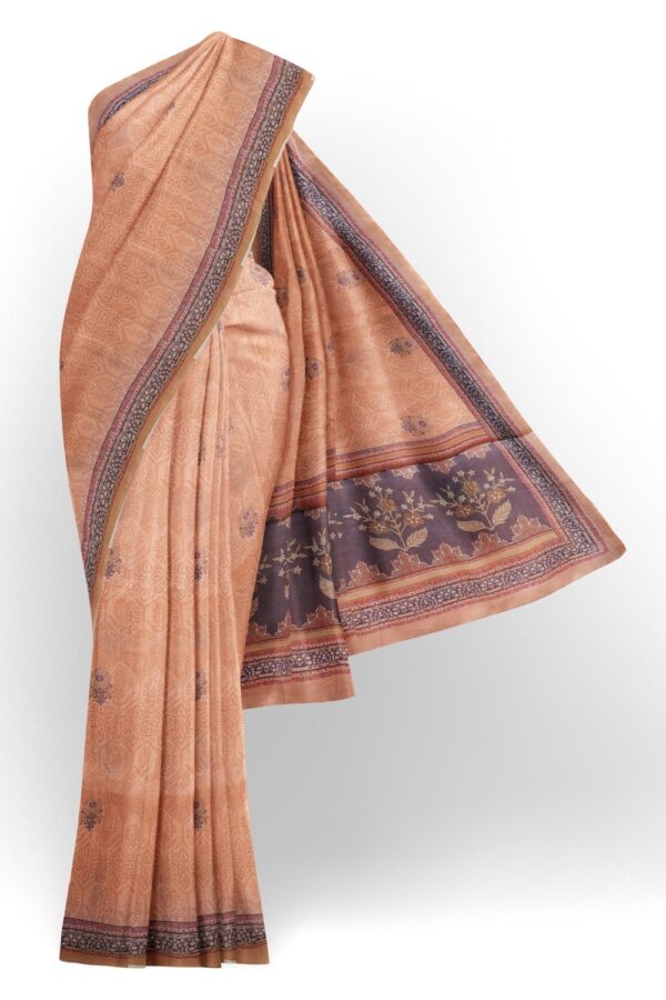 sri kumaran stores chentheri printed saree flamingo pink saree with light purple border 1