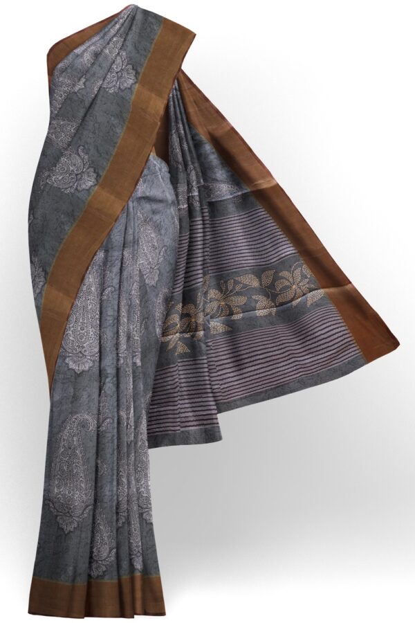 sri kumaran stores chentheri printed saree light slate gray saree with light cedar brown border 1