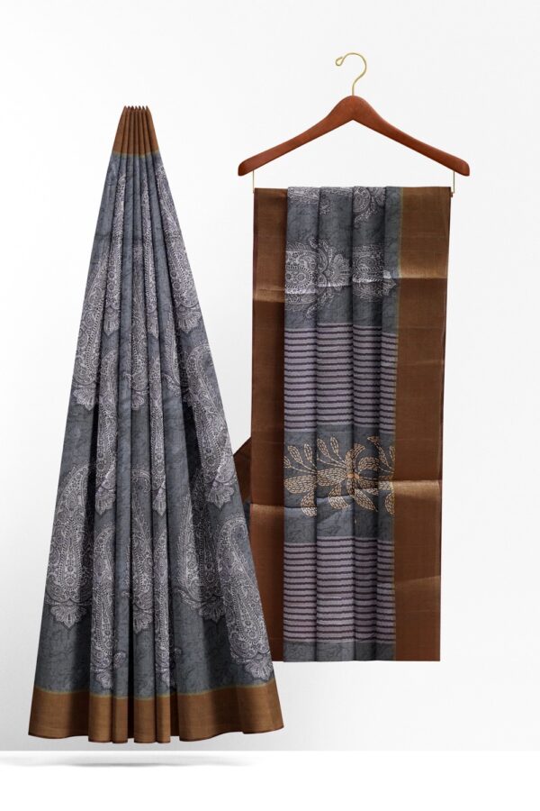 sri kumaran stores chentheri printed saree light slate gray saree with light cedar brown border 2