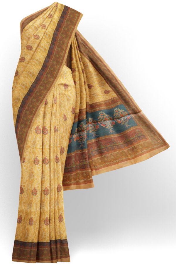 sri kumaran stores chentheri printed saree mellow color saree with blue and brown border 1