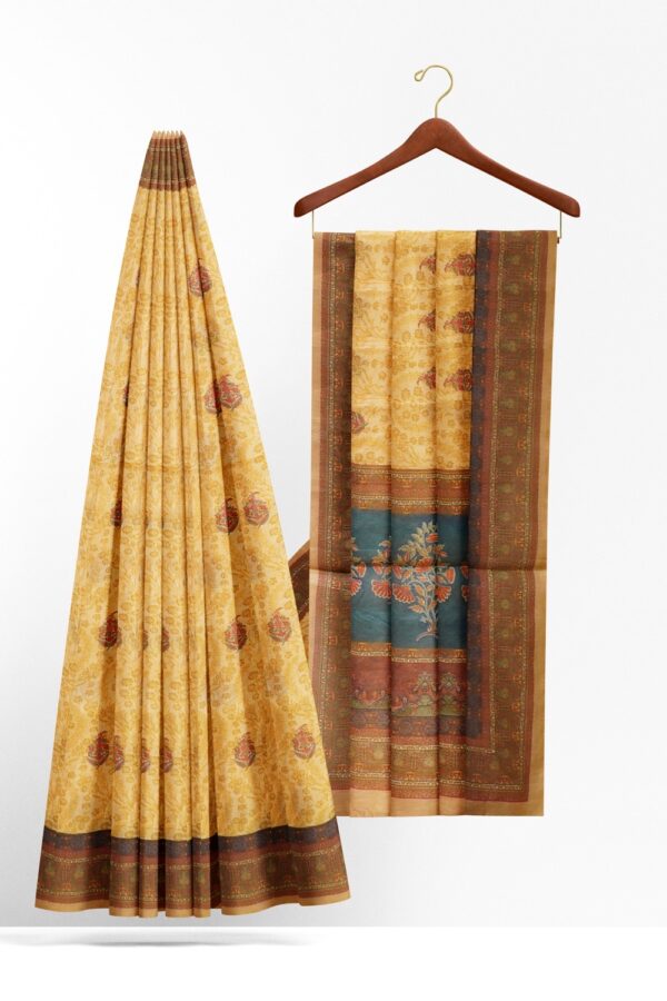 sri kumaran stores chentheri printed saree mellow color saree with blue and brown border 2