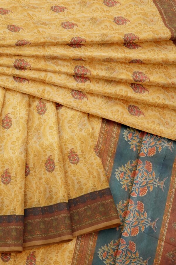 sri kumaran stores chentheri printed saree mellow color saree with blue and brown border 4