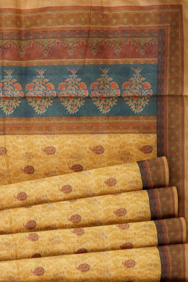 sri kumaran stores chentheri printed saree mellow color saree with blue and brown border 5