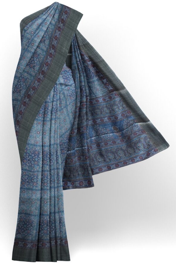 sri kumaran stores chentheri printed saree sapphire blue intricate design saree with anchor gray border 1