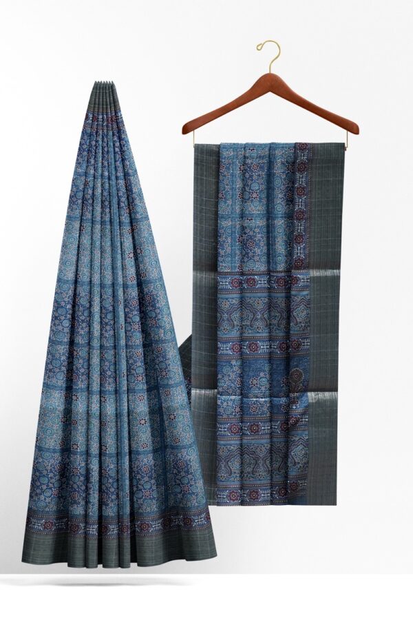 sri kumaran stores chentheri printed saree sapphire blue intricate design saree with anchor gray border 2
