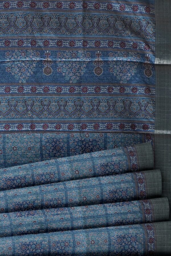 sri kumaran stores chentheri printed saree sapphire blue intricate design saree with anchor gray border 5