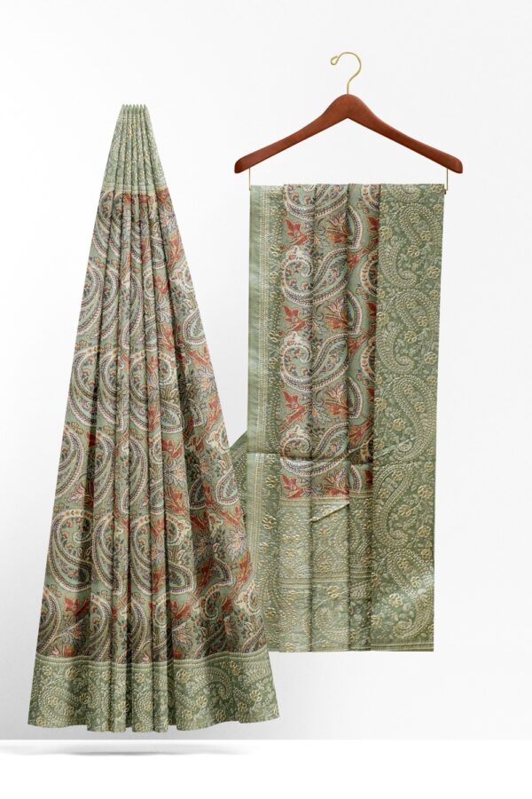 sri kumaran stores chentheri printed saree slate blue mango motif design saree with thread work border 2