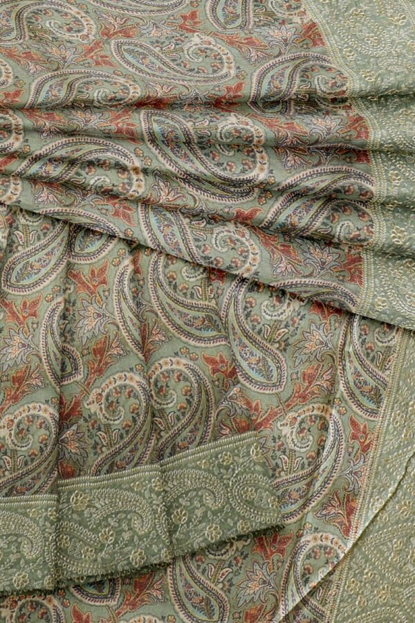 sri kumaran stores chentheri printed saree slate blue mango motif design saree with thread work border 4