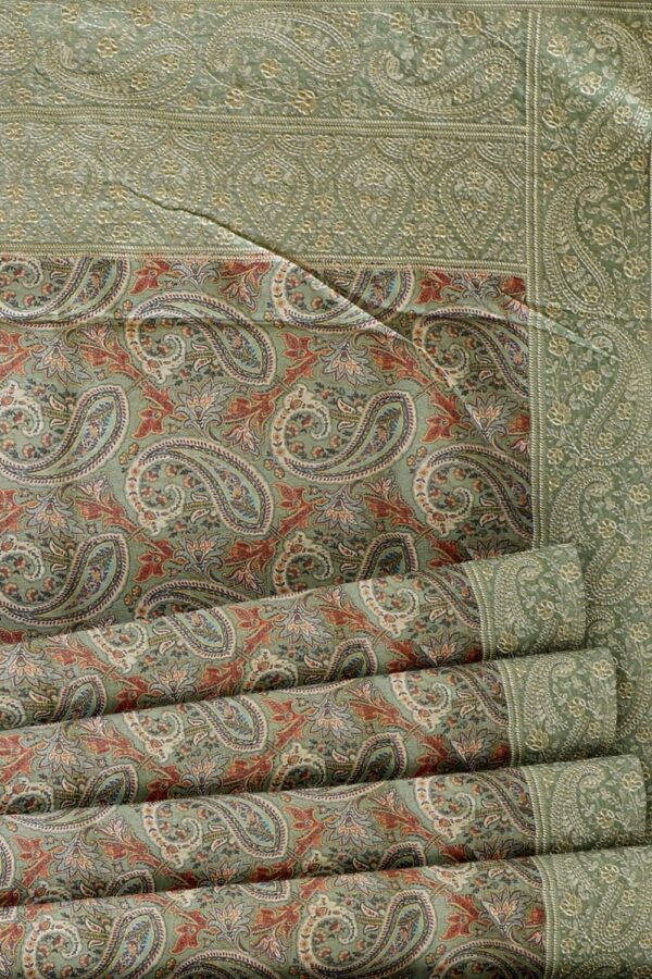 sri kumaran stores chentheri printed saree slate blue mango motif design saree with thread work border 5